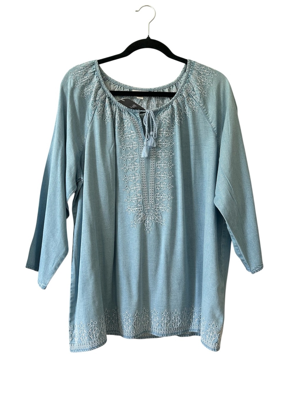J. Jill Chambray Tencel Embroidered Peasant Blouse Top